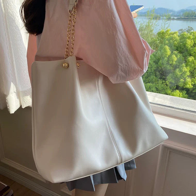 Bag  New Soft Leather Tote Large Capacity Female Niche High Sense College Student Class Portable Shoulder Bag - Deanwangkt