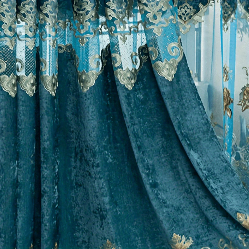 1pc Chenille Hollow Embroidery Curtain, Sunshade Living Room Dining Room Bedroom Blue Curtain, Window Treatment Home Decor - Deanwangkt