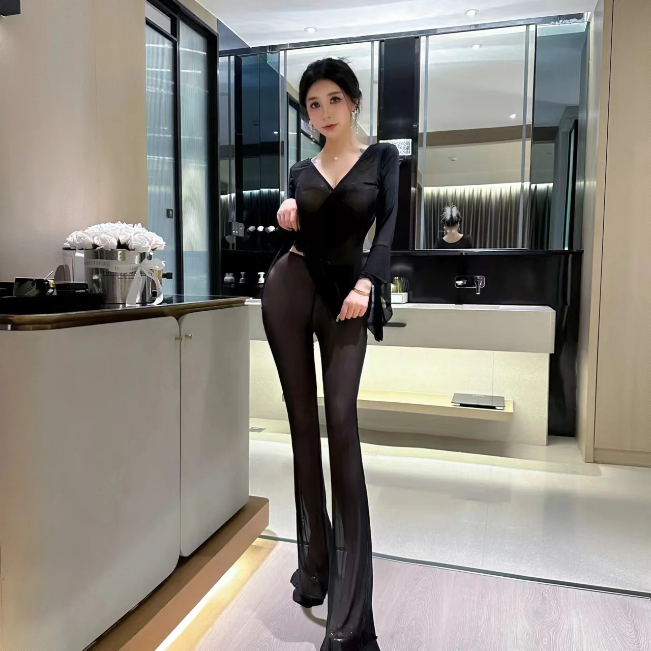2025 Herberly sexy perspective nightclub evening dress night overalls long pants hotel ktv beauty princess show - Deanwangkt