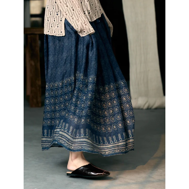 Double-layer spring and summer literary and ethnic style, retro and old blue splicing printing cotton and linen skirt - Deanwangkt