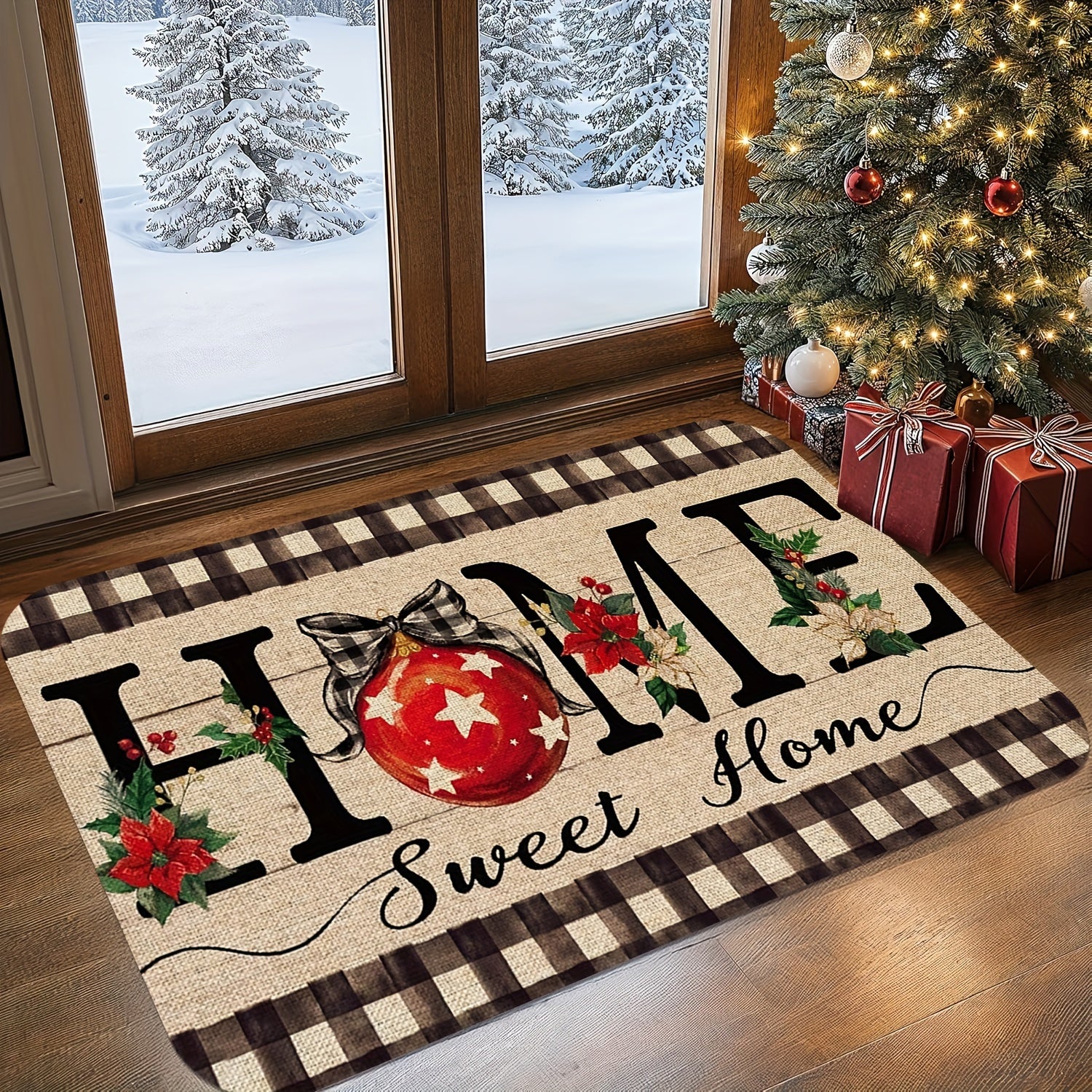 Christmas Welcome Door Mat with Bell & Floral Design - Non-Slip, Easy Clean, Stain Resistant, Machine Washable Flannel Memory Foam Rug for Living Room, Bedroom, Kitchen, Office - Festive Home Decor Funny Welcome Mat for Front Door, Christmas Decor - Deanwangkt
