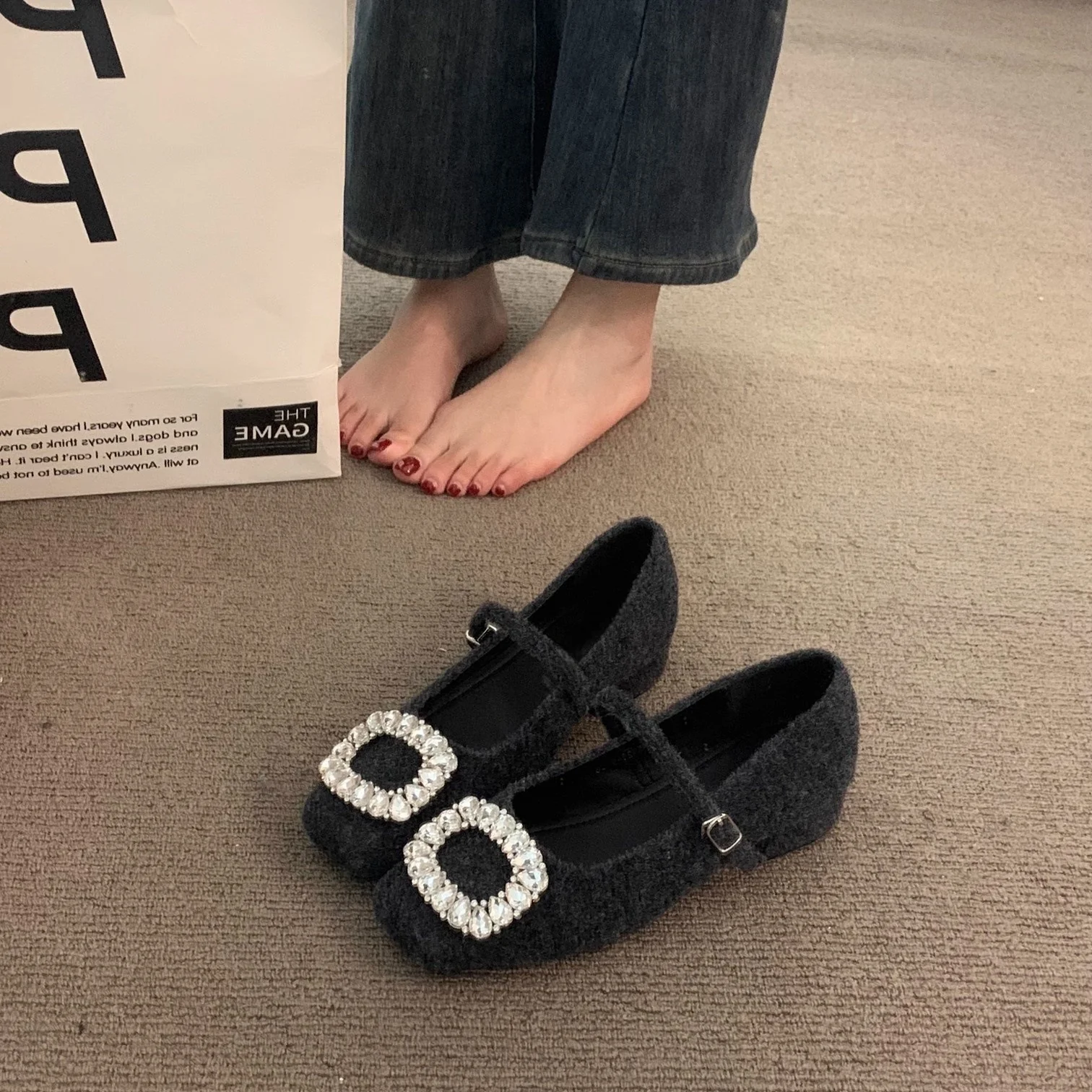 2025  gray thick heel rhinestone single shoes women's shoes 2025 new spring skirt gentle evening grandma shoes - Deanwangkt