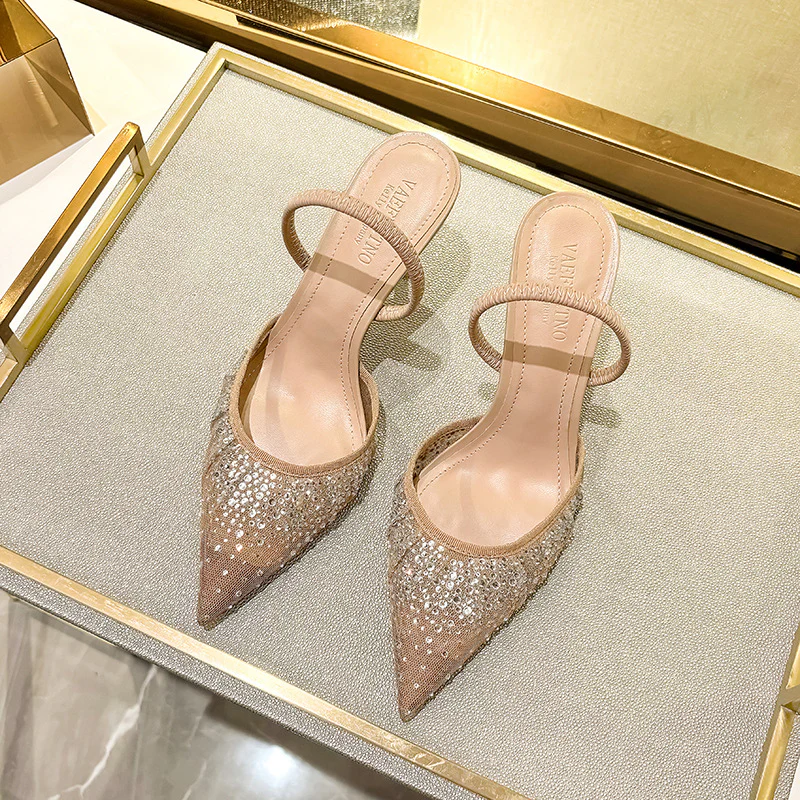 DEANWANGK  Mesh Fashion Elegant Slingback Muller High Heels Pumps  Summer Hollow Women's Sandals Rhinestone Two-Way Fashion Shoes - Deanwangkt