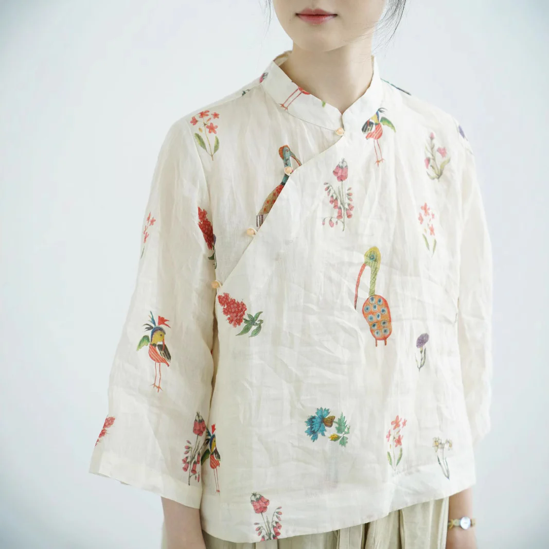 Original tea room new Chinese stand-up collar ramie top, Guochao wide-sleeved digital printed sunshade shirt S25155 - Deanwangkt