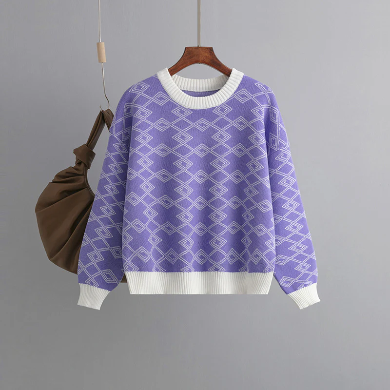 DEANWANGKT Cross-border 2025 Express Jacquard Long Sleeve Sweater Women's Autumn and Winter  New Loose Versatile Crew Neck Hot Style Top - Deanwangkt