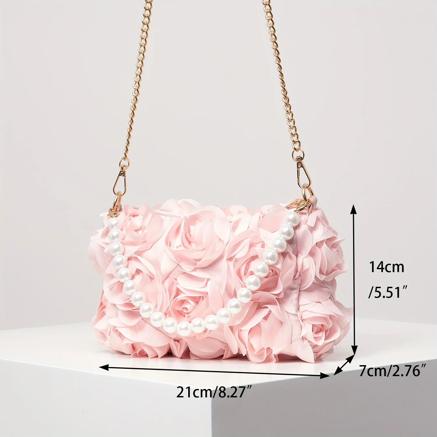Rose Embroidered Floral Shoulder Chain Bag - Zipper Closure, Beaded Decor Strap, Polyester Lining, Random Printing, Perfect for Valentines Day and Special Occasions - Deanwangkt