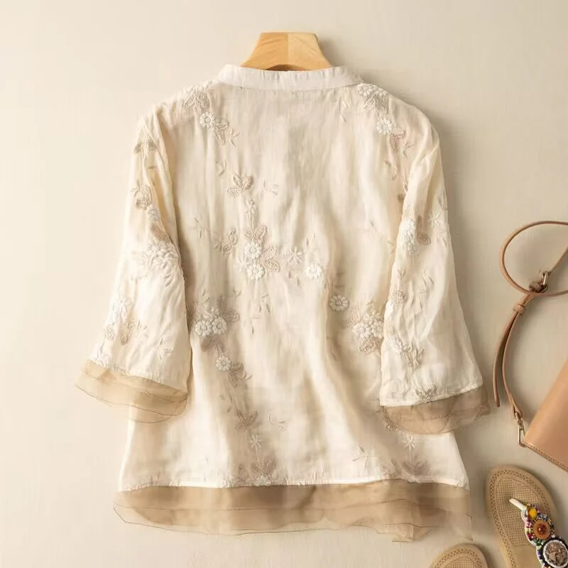 Temperament heavy industry embroidered top  summer new literary and retro seven-quarter sleeve loose cotton and linen splicing shirt women - Deanwangkt