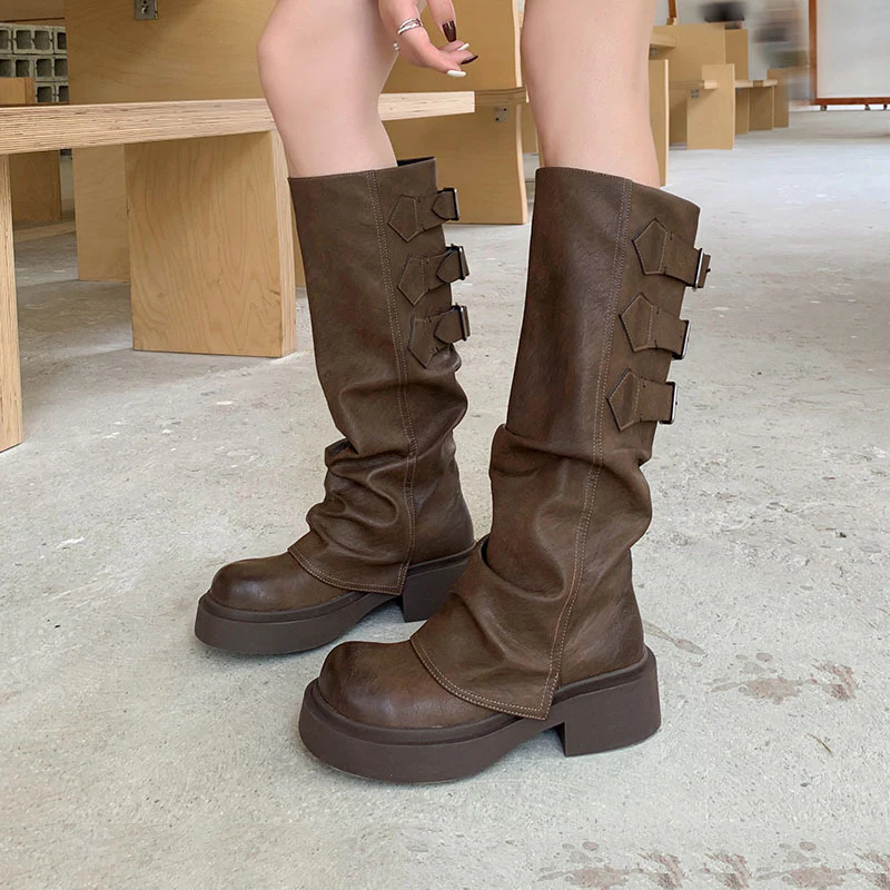 Thick-Soled Cowhide Pants Boots! New round Head Chunky Heel Belt Buckle Sleeve Flanging Mid Heel Knee-High Boots plus Size 40 - Deanwangkt