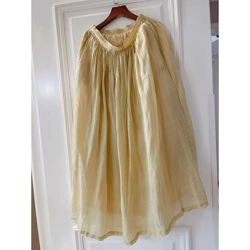 summer new literary and retro national style elastic waist cotton and linen loose yoga double-layer elegant fairy skirt - Deanwangkt