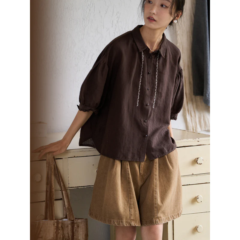 Japanese literary cotton and linen embroidered short-sleeved shirt women's summer design sense loose and thin shirt top - Deanwangkt