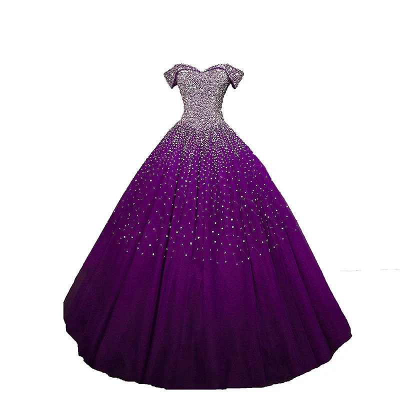 Solvbao Purple Sequins Off Shoulder Ball Gown Sweet 16 Gown, Lace-up Tulle Purple Formal Dresses - Deanwangkt