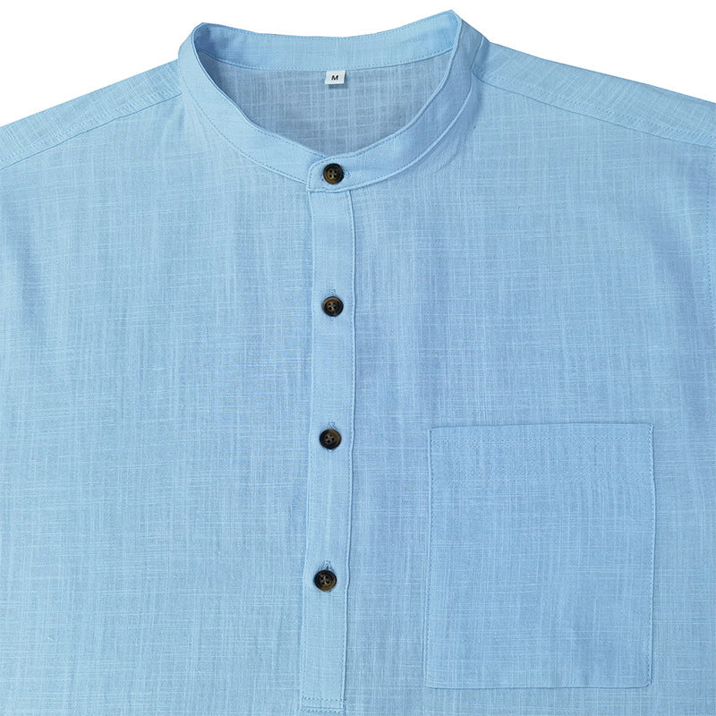DEANWANGKT 2025 men's clothing  autumn and winter cotton and linen shirts, Popular trade long-sleeved Henry collar tops, loose men's linen shirts - Deanwangkt