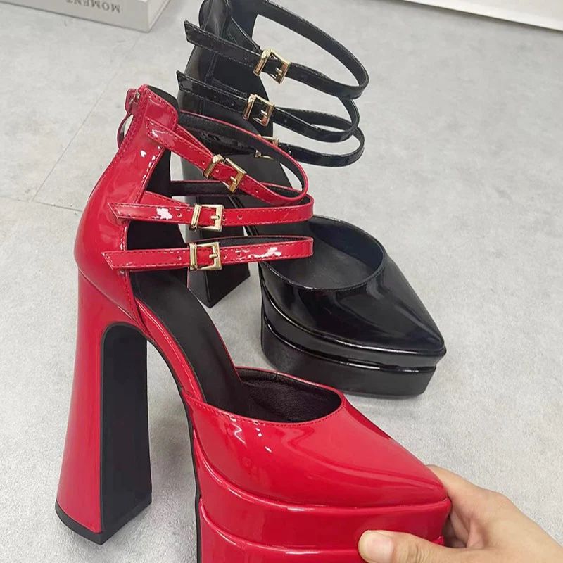 DEANWANGK  European and American Catwalk Buckled Chunky Heel Pointed-Toe Hollowed Patent Leather Sandals Super High Heel Platform High Heel Platform Shoes Catwalk Heel Shoes - Deanwangkt