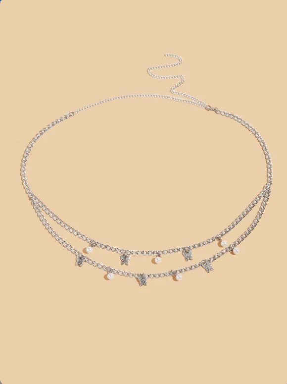 2025  3217 hot-selling waistchain alloy small butterfly pearl grain pendant exquisite fashion waist chain waist jewelry body chain - Deanwangkt