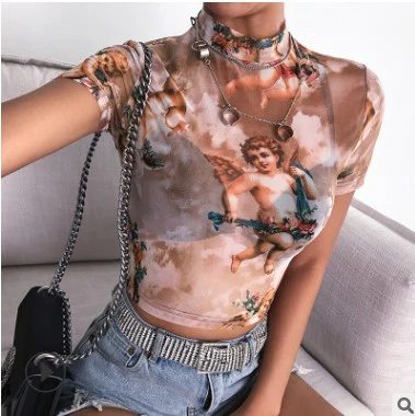 DEANWANGKT  Hot Sale 2022 Spring European and American Ins New Women's Sexy Angel Print Mesh Short Sleeve T-shirt Female in Stock - Deanwangkt