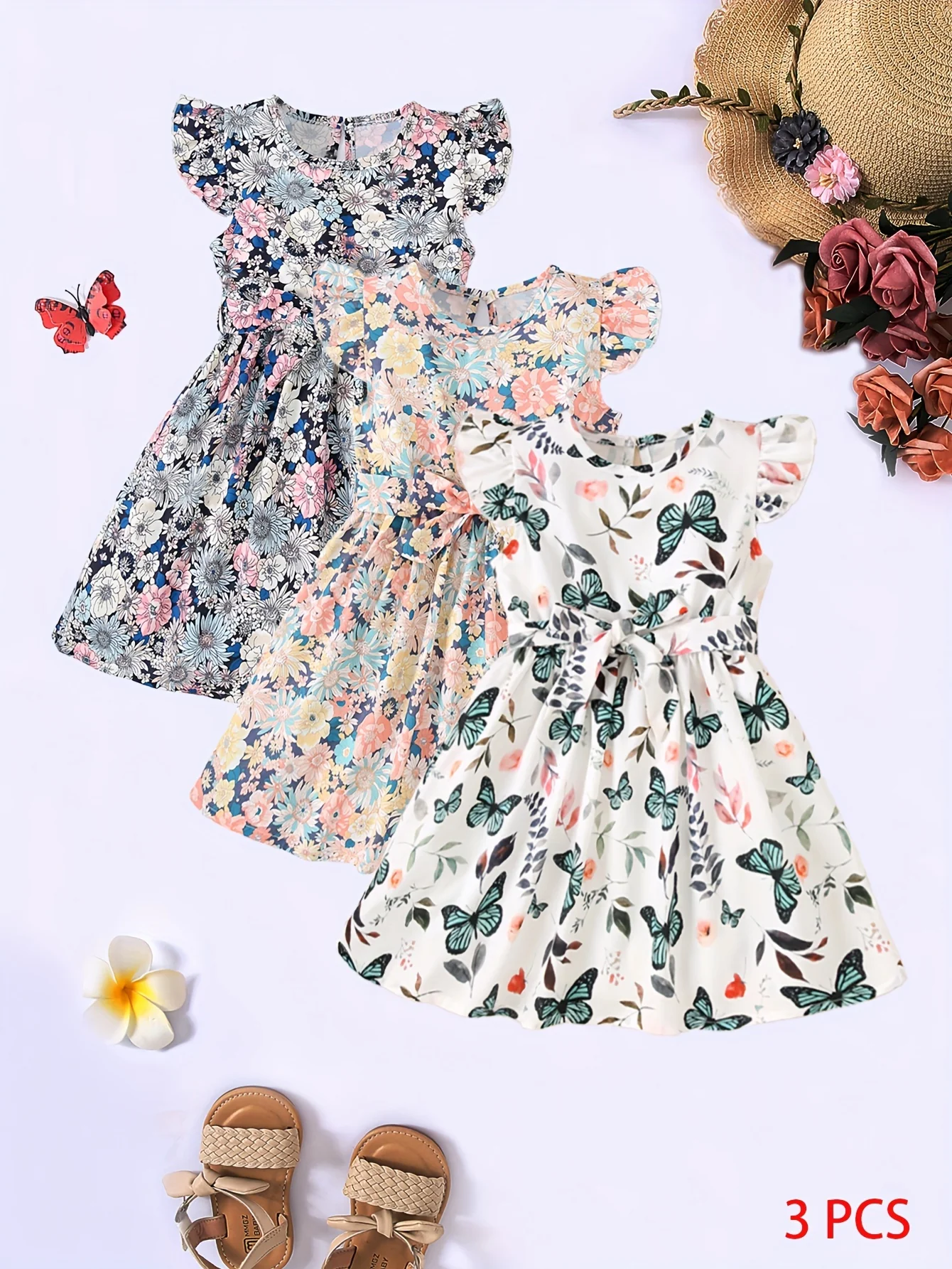 3pcs Little Princess Butterfly Floral Ruffle Trim Dresses - Adorable Belted Casual Summer Dresses for Girls - Polyester Non-Stretch Fabric, A-Line Fit, Perfect for Holiday Gift Party - Deanwangkt