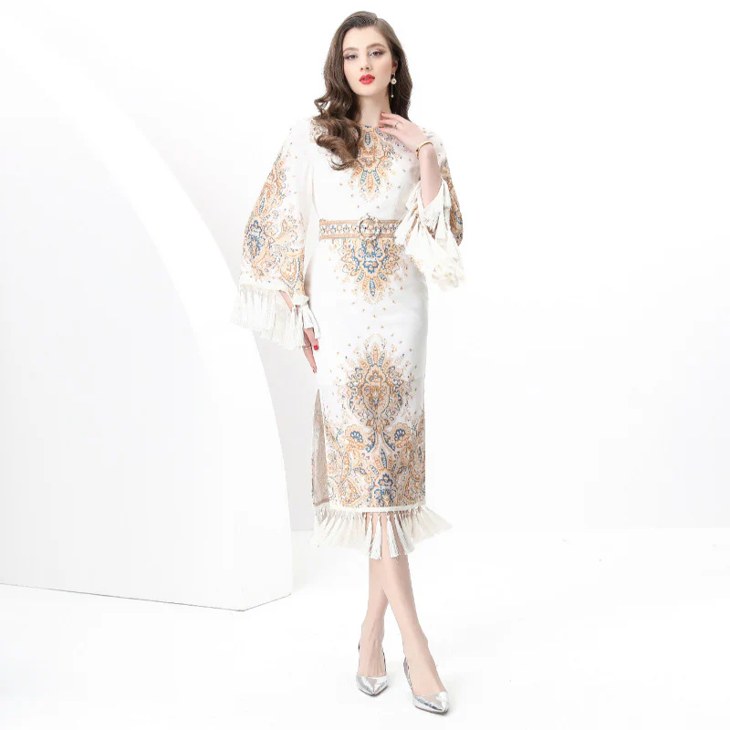 New Women's Retro Crew Neck Waist Flared Sleeve Fringed Trim Printed Dress - Deanwangkt