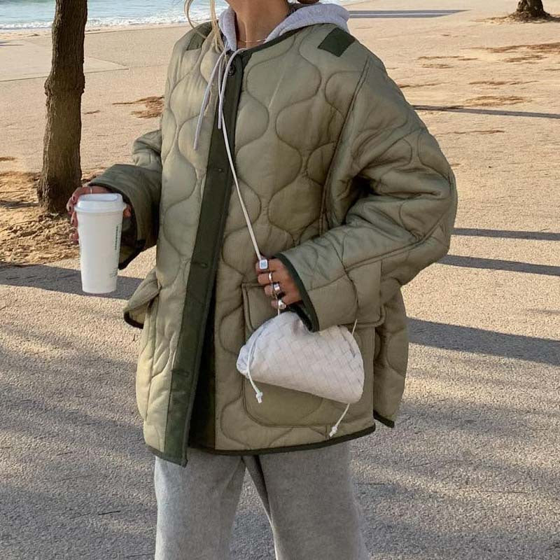 cotton-padded clothes BF wind autumn and winter women's clothing New European and American fashion collarless rhombus loose cotton clothes jacket - Deanwangkt