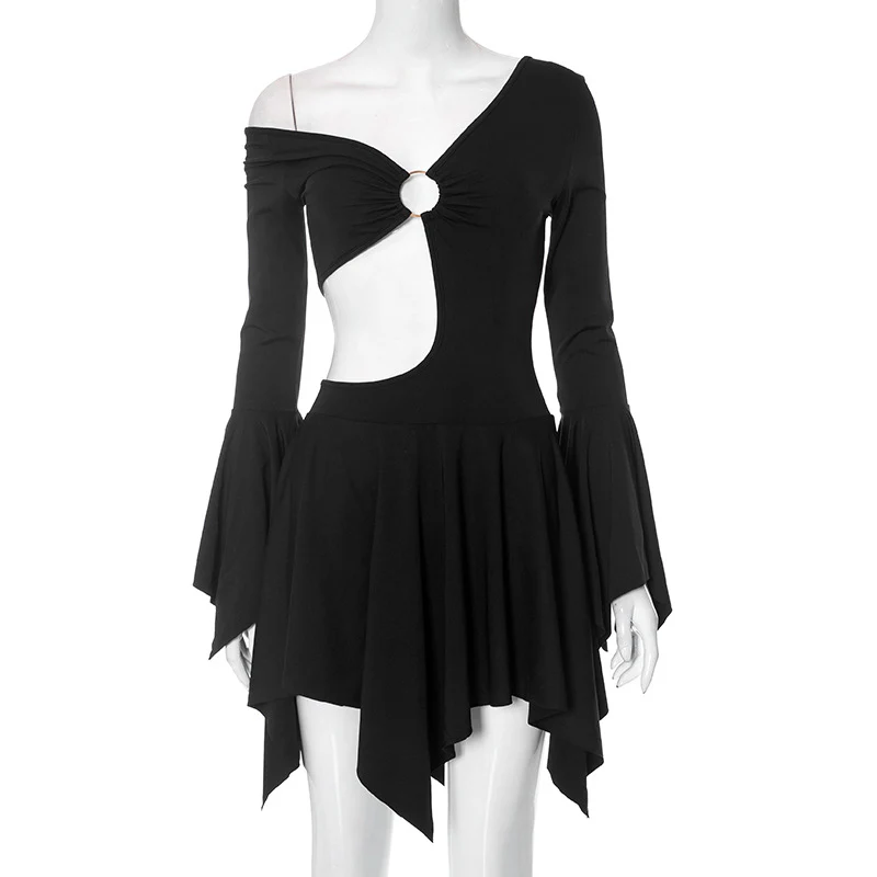 2025 Q23DS507  style New women's clothing autumn new solid color long-sleeved fungus edge hip-wrapped slim short dress - Deanwangkt