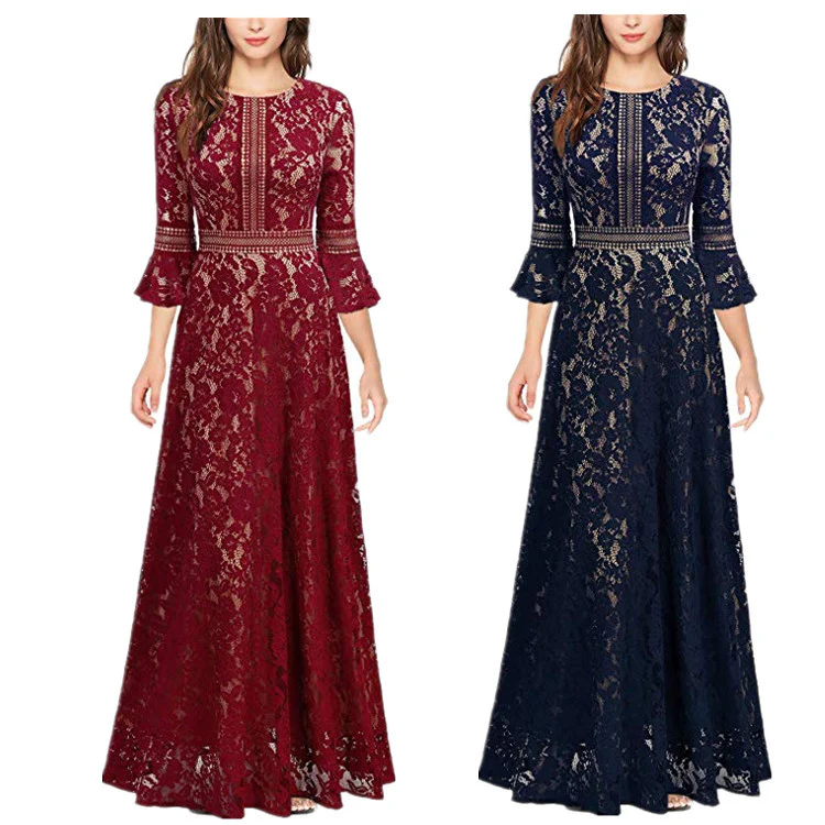 European and American New Summer  New Three-Quarter Sleeve Dress Hollow Lace Slim Lace Evening Dress - Deanwangkt