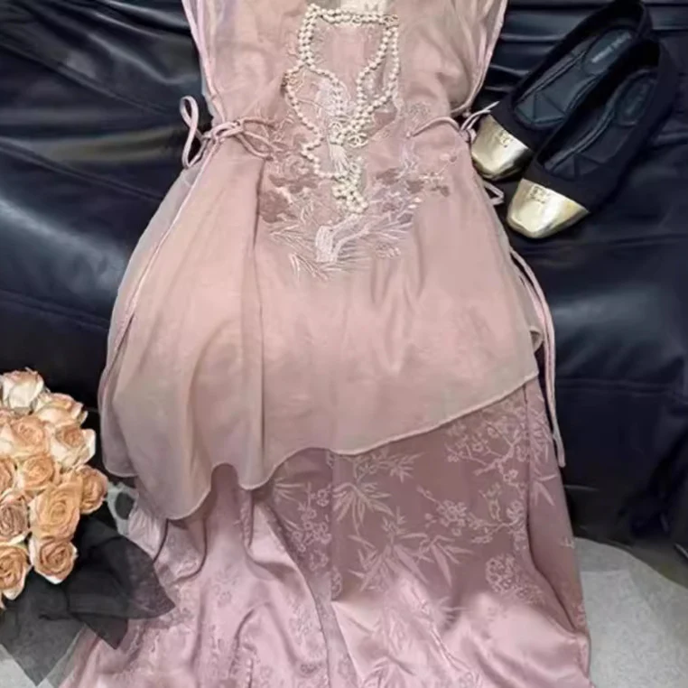 2025 New Chinese style women's clothing high-end exquisite niche design sense pink acetic acid suspender dress set summer clothing - Deanwangkt