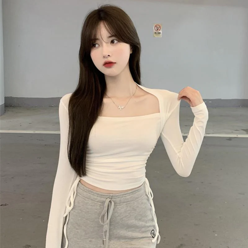 deanwangkt Sexy Square-Neck Bottoming Shirt Women's Design Sense Niche  Autumn Long Sleeves Inner Wear Shirt Slim Fit Drawstring Top Fashion - Deanwangkt