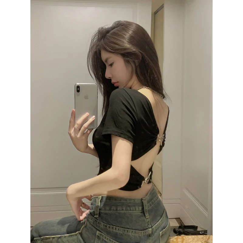 deanwangkt Pure Sweet Hot Girl Sexy Short Hollow Backless Top Women's Design Sense Niche Summer Slim-Fit Short-Sleeved T-shirt - Deanwangkt