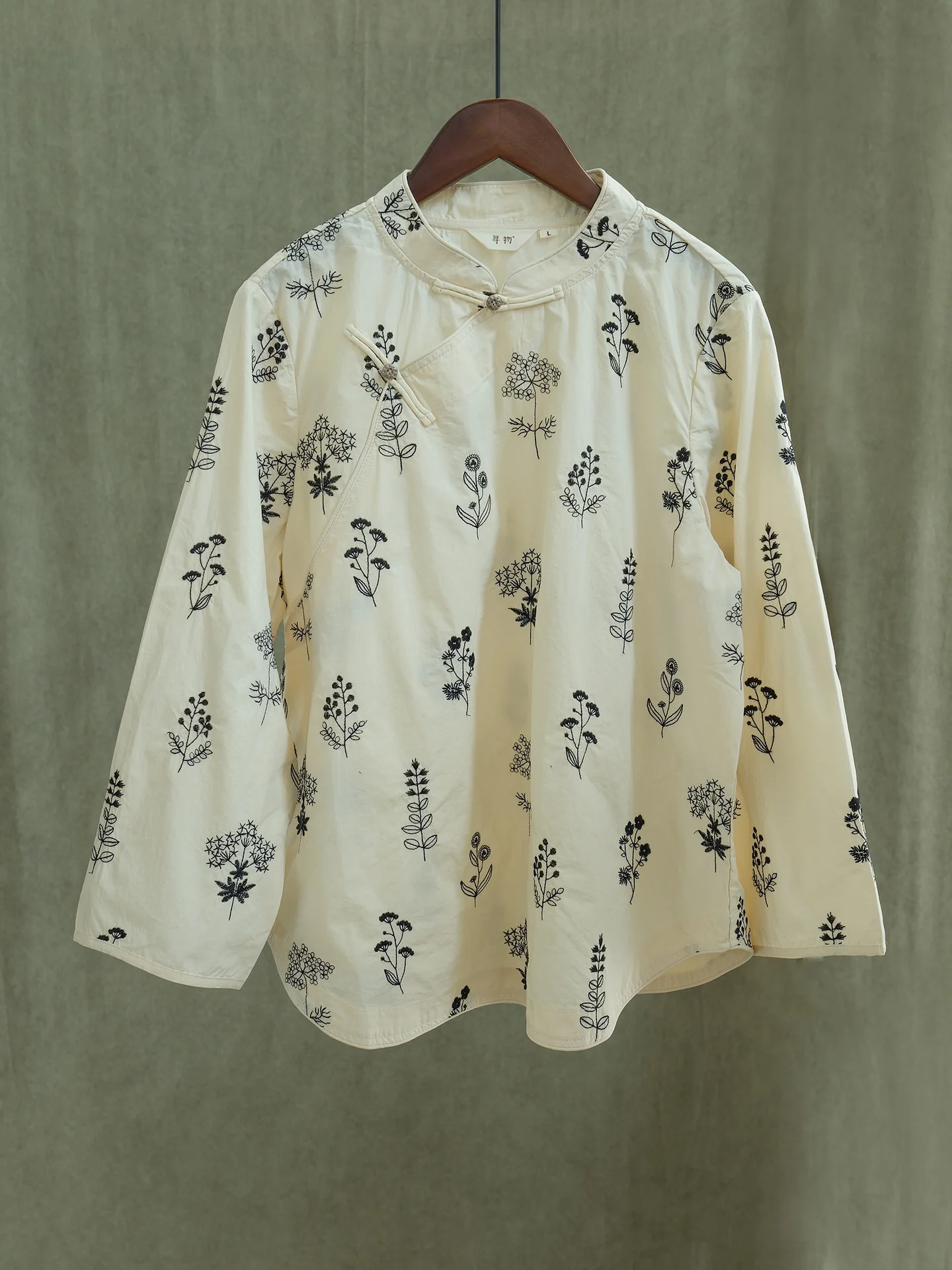 design cotton paper embroidered diagonal shirt, light Chinese retro loose plant top S23231 - Deanwangkt