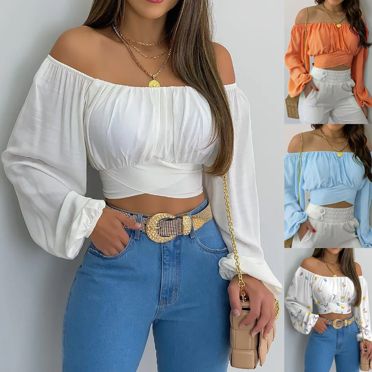 DEANWANGKT  Spring/Summer European and American Women's Clothing  Independent Station Hot Sale Women off Shoulder Cross Tied Long Sleeves Tops in Stock - Deanwangkt
