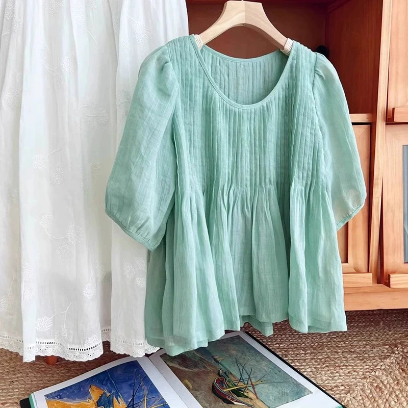 Small fresh mint mambo green heavy industry pleated craft wrinkled cotton and linen five-quarter sleeve short shirt women's summer new - Deanwangkt