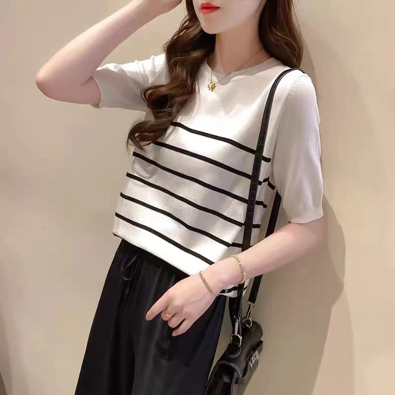 DEANWANGKT  Ice Silk Sweater Women's Short-Sleeved Summer New Korean Style Loose Thin T-shirt Black and White Striped round Neck Top - Deanwangkt