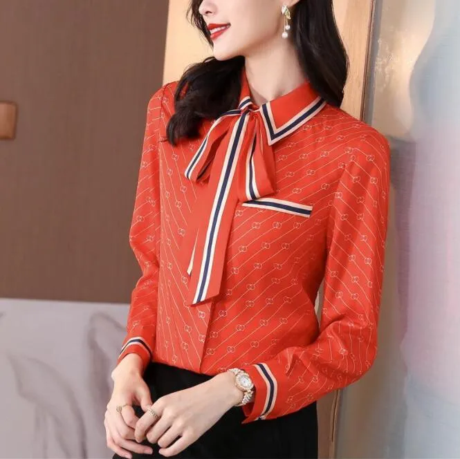 Designer Printed Black Shirts Long Sleeve Women Runway Button Shirt Office Ladies Ribbon Bow Blouses Spring Summer Autumn Winter Slim Fit Stylish Luxury Tops - Deanwangkt