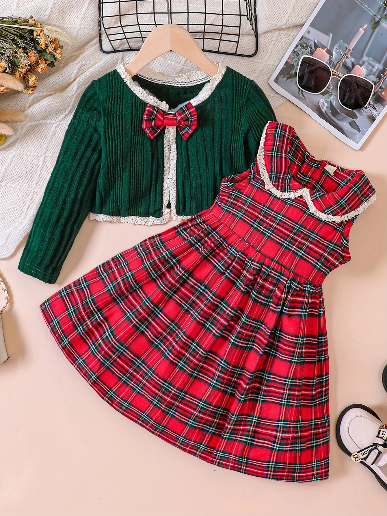 Girls 2pcs Christmas Sets Ribbed Knit Cardigan With Bow & Plaid Sleeveless Collar Dress Set For Christmas, outdoor Party, Fall - Deanwangkt
