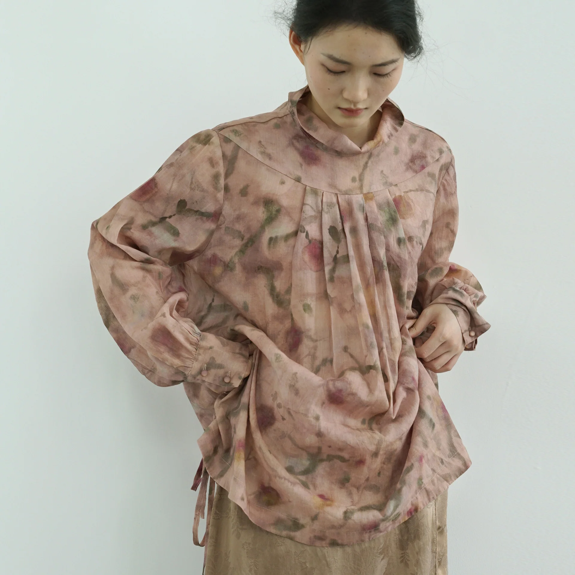 rose story ramie stand-up collar shirt, spring and autumn pastoral life loose romantic top S24164 - Deanwangkt