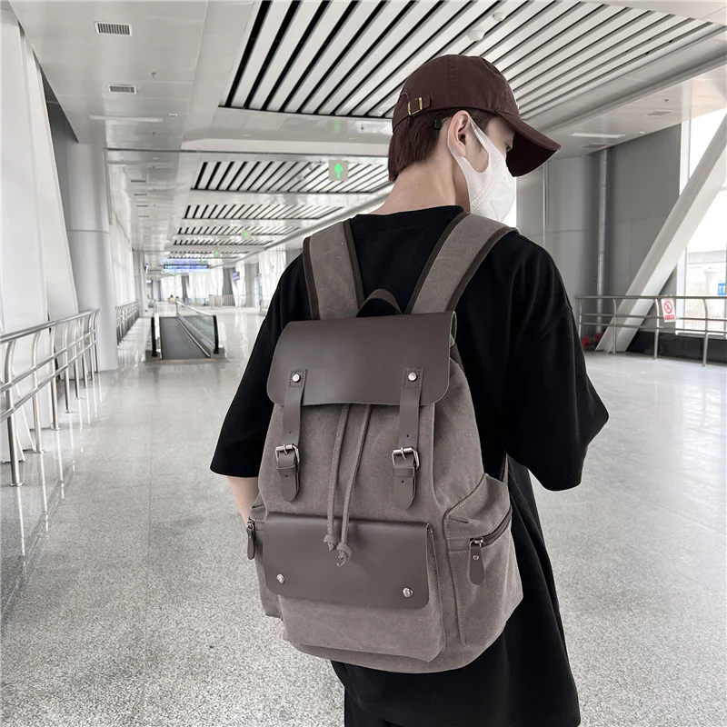 Canvas Backpack Computer Bag Personalized Fashion Travel Drawstring Backpack Flip Backpack Retro Backpack for Men - Deanwangkt