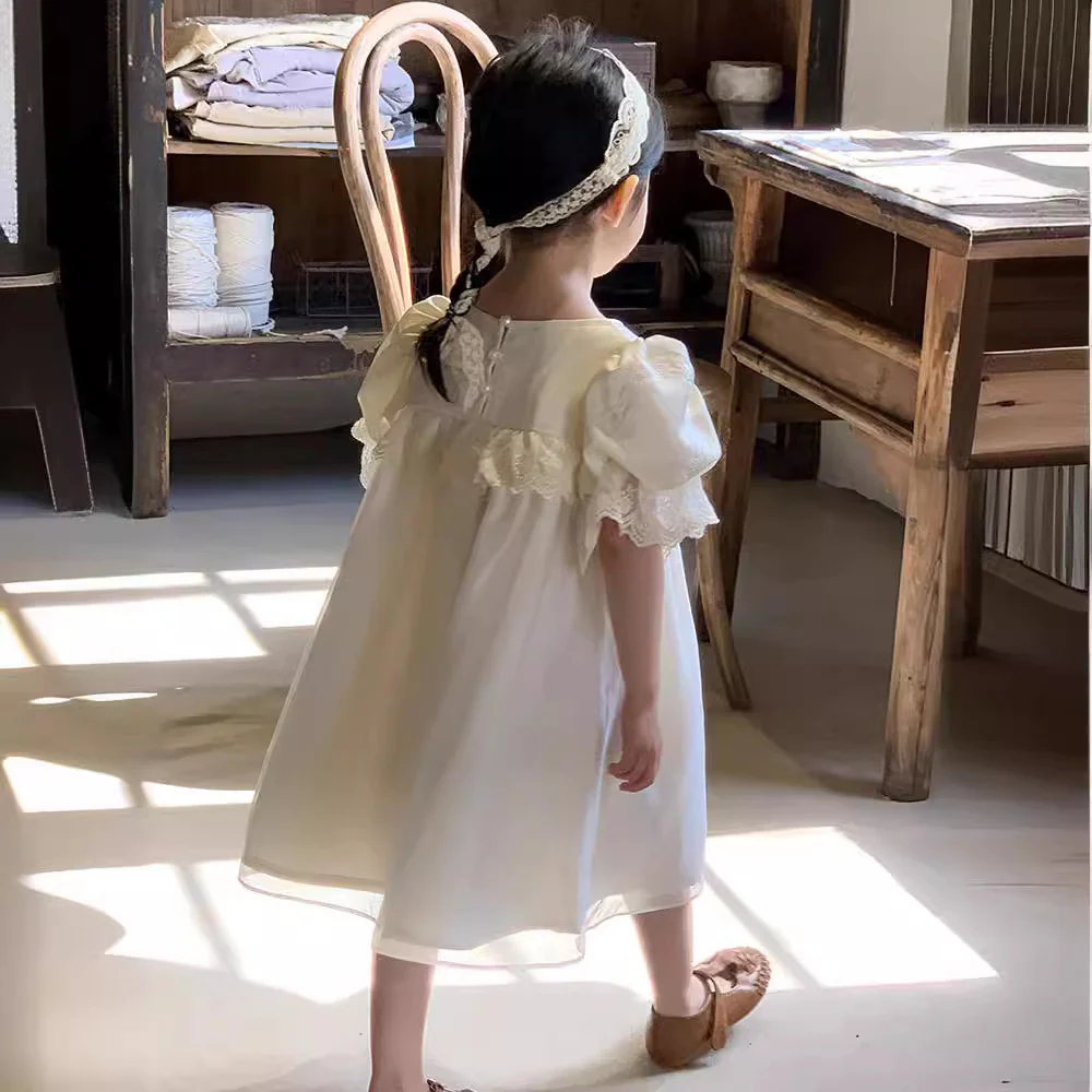 Girls' Court Style Dress  Summer New Korean Style Children's Machine Embroidery Princess Dress Tulle Skirt - Deanwangkt