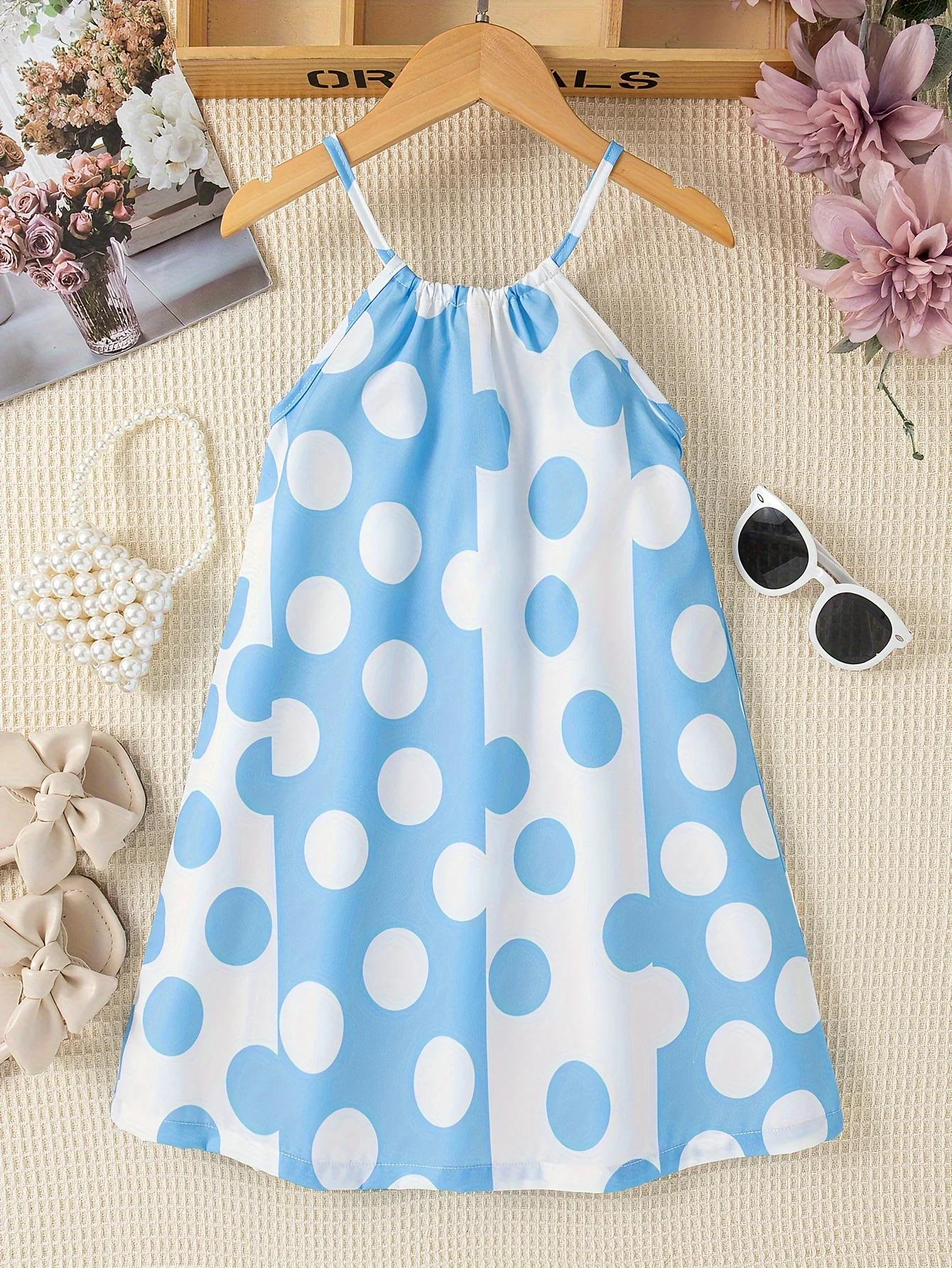 Girls Charming Polka Dot Summer Dress - Chic Thin Straps, Sleeveless, Vibrant Print, Regular Fit, Knee-Length - Ideal for Stylish Casual Outings - Deanwangkt