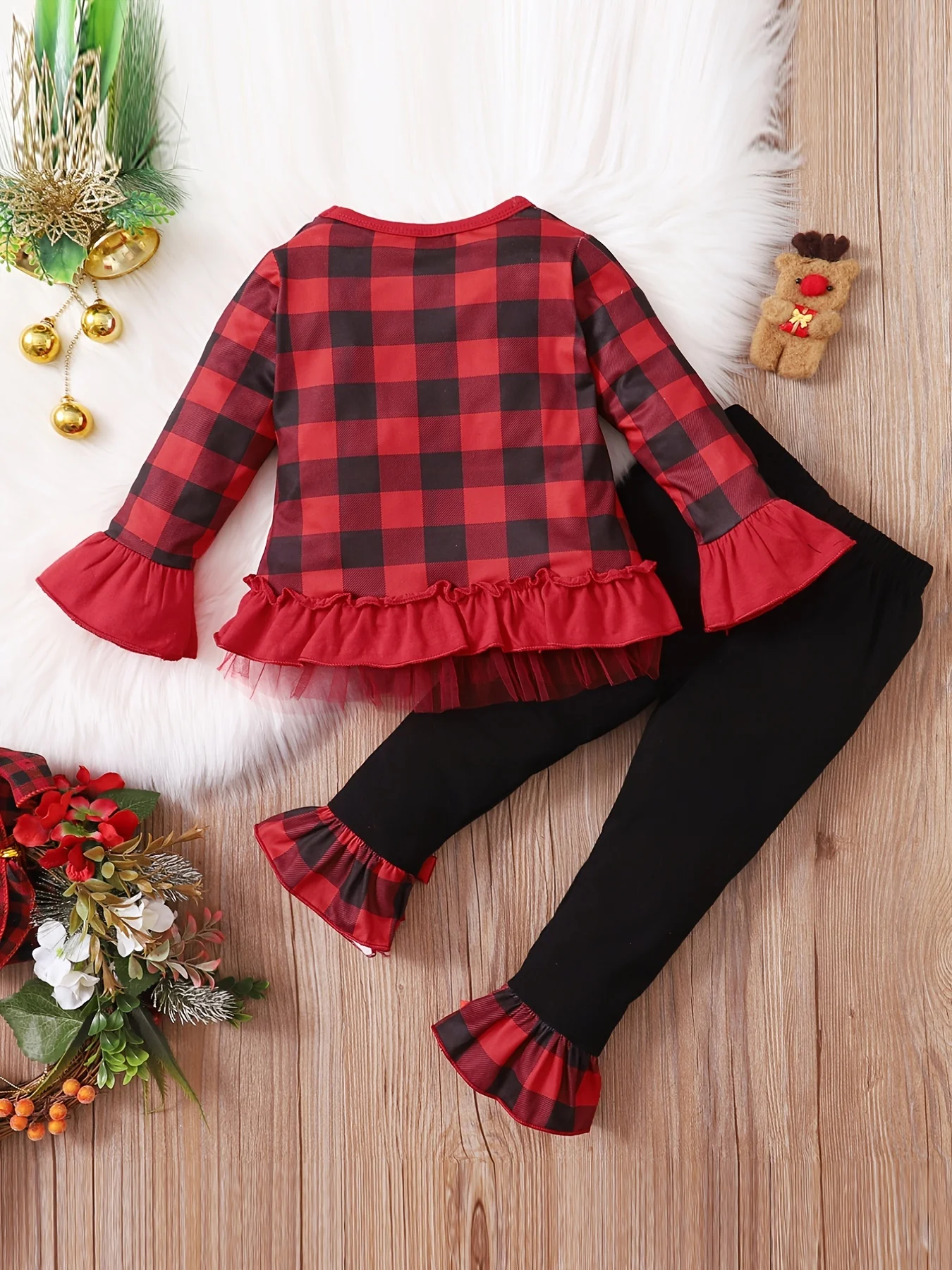 2pcs Toddler Baby Girls Christmas outdoor Outfits Santa Long Sleeve Ruffle Top & Plaid Flared Pants Set - Deanwangkt