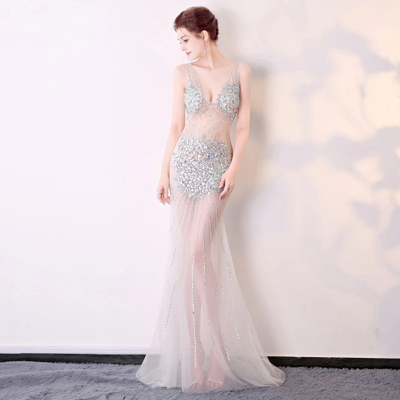 2025 G393/Sexy Perspective Dress Mesh Handmade Heavy Sew Drilled Deep V-Neck Long Car Show Performance - Deanwangkt