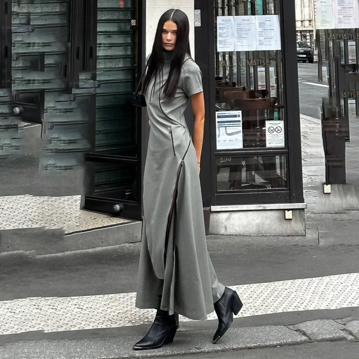 slim-fit niche high-split stand-up collar striped heavy industry zipper open-close dress trendy brand irregular cool Sa style - Deanwangkt