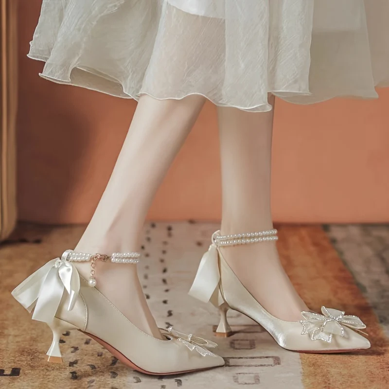 deanwangkt  Women's Bowknot Kitten Heels, Elegant Pointed Toe Faux Pearl Ankle Strap Shoes, Comfy Wedding & Evening Dress Shoes - Deanwangkt