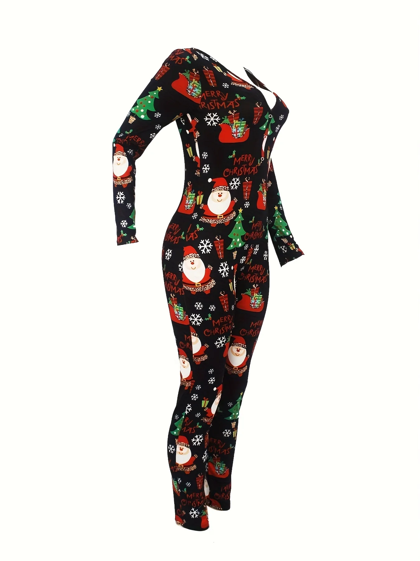 Cozy Festive Lounge Jumpsuit - Soft Long Sleeve, V Neck, Button Front, Relaxed Fit, Comfy Women's Loungewear & Sleepwear for Christmas - Deanwangkt