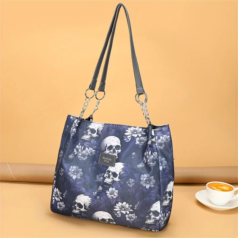 Large Capacity Punk Floral Skull Print Tote Bag - Stylish Single-Strap Shoulder Bag with Fixed Straps, Zipper Closure, Polyester Lining - Versatile Handbag for Daily Commute, Work, and Travel - Deanwangkt