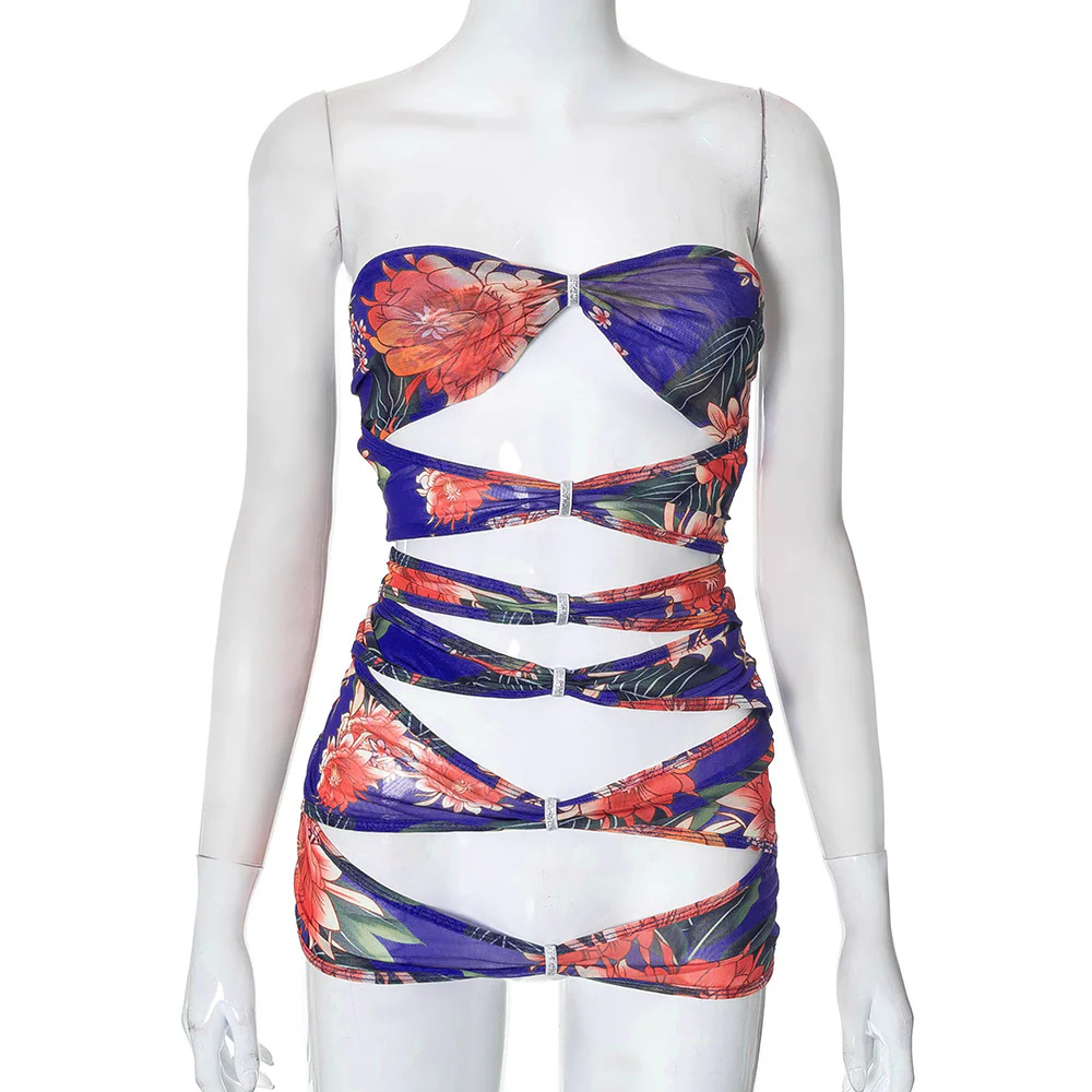 2025 K23DS097  New women's clothing summer new sexy printing sleeveless slim-fitting hollow tube top short dress - Deanwangkt