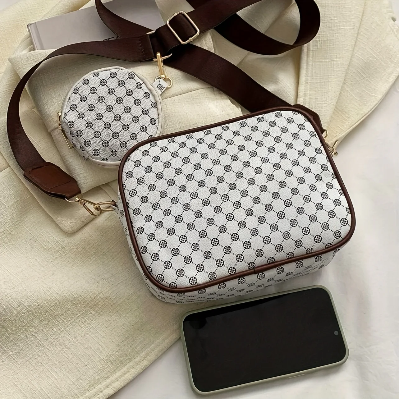 Fashion-forward Geometric Pattern Crossbody Bag - Durable PU Leather Shoulder Bag with Stylish Round Coin Purse for Women - Adjustable & Convenient - Deanwangkt