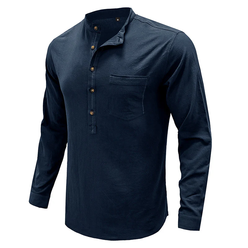 DEANWANGKT 2025 Cross-border men's shirts, autumn and winter  men's stand-up neck cotton and linen shirts, Popular trade long-sleeved Henry neck linen shirts - Deanwangkt