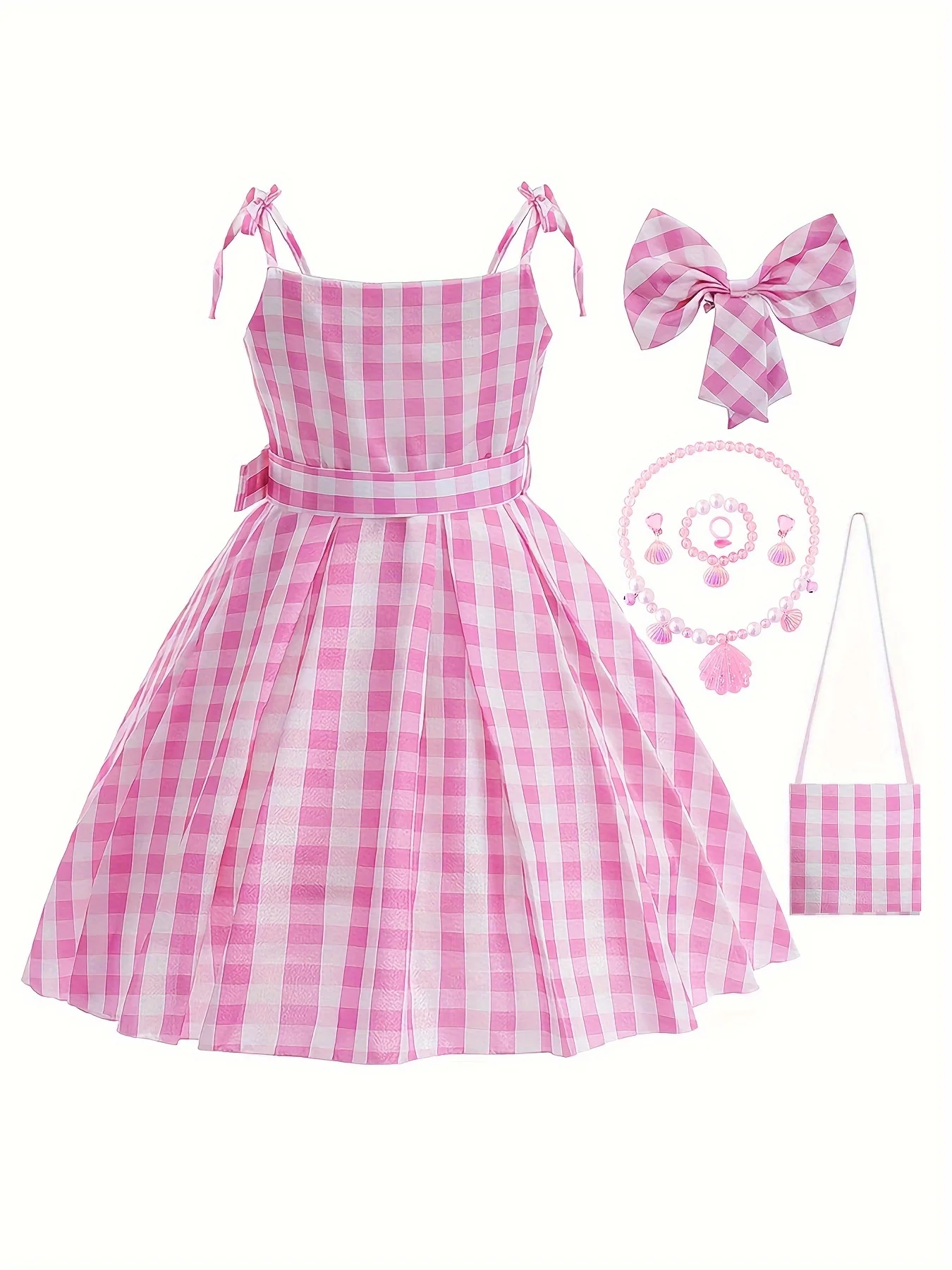 Knee-High Pink Plaid Girls Dress with Belt, Headwear, Backpack, and Jewelry - Cute Slingback Design, Non-Stretch Polyester Fabric, Flared Hem, Woven, Spring/Summer Wear - Deanwangkt