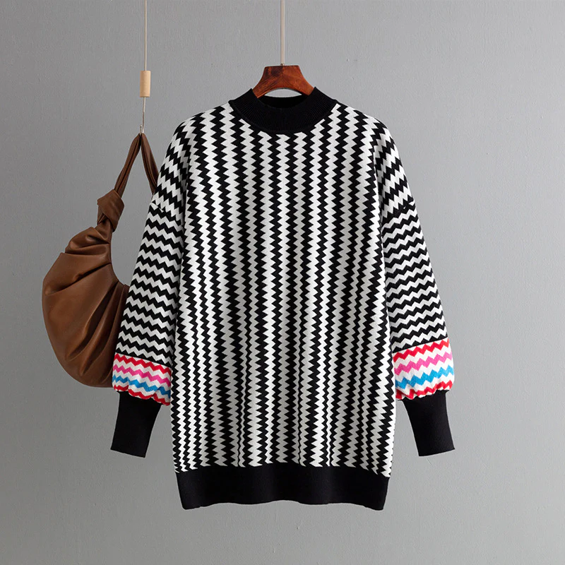 DEANWANGKT 2025 cross-border women's clothing New autumn and winter new medium and long round neck striped loose knitted sweater jumper - Deanwangkt