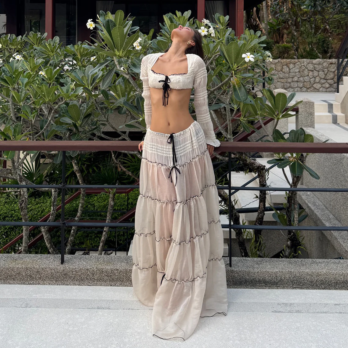 casual comfortable sexy elegant holiday style lace-up cardigan long skirt tulle suit femininity niche wholesale - Deanwangkt