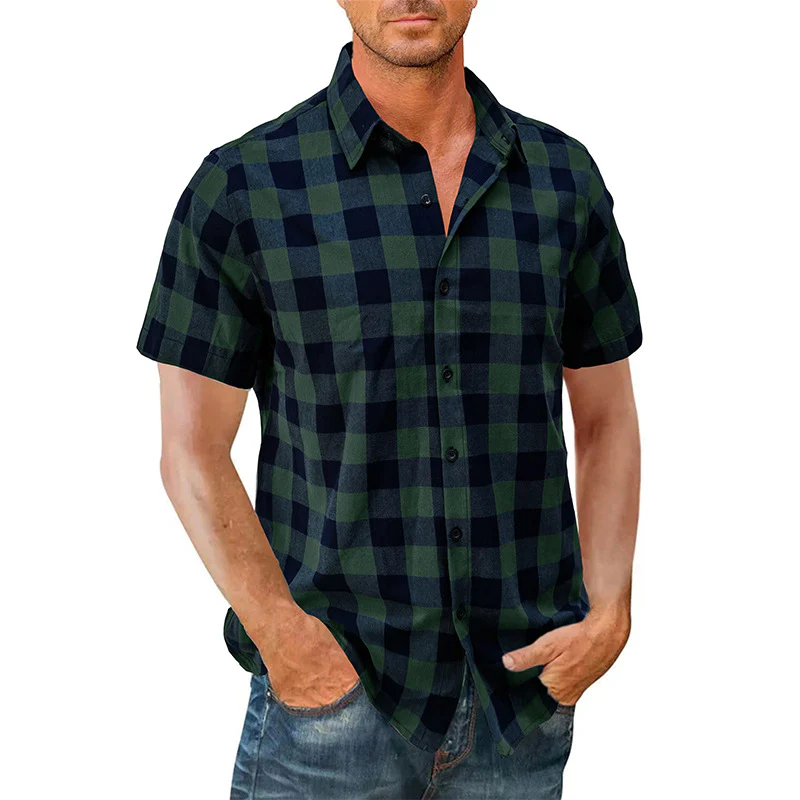 DEANWANGKT 2025 Cross-border men's casual Hawaiian shirt Popular trade men's short-sleeved shirt men's shirt wholesale  plaid shirt - Deanwangkt